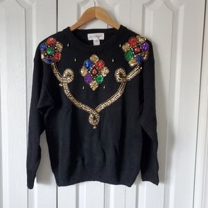 Vintage Jessica Roberts black embellished sweater gold teardrop beading